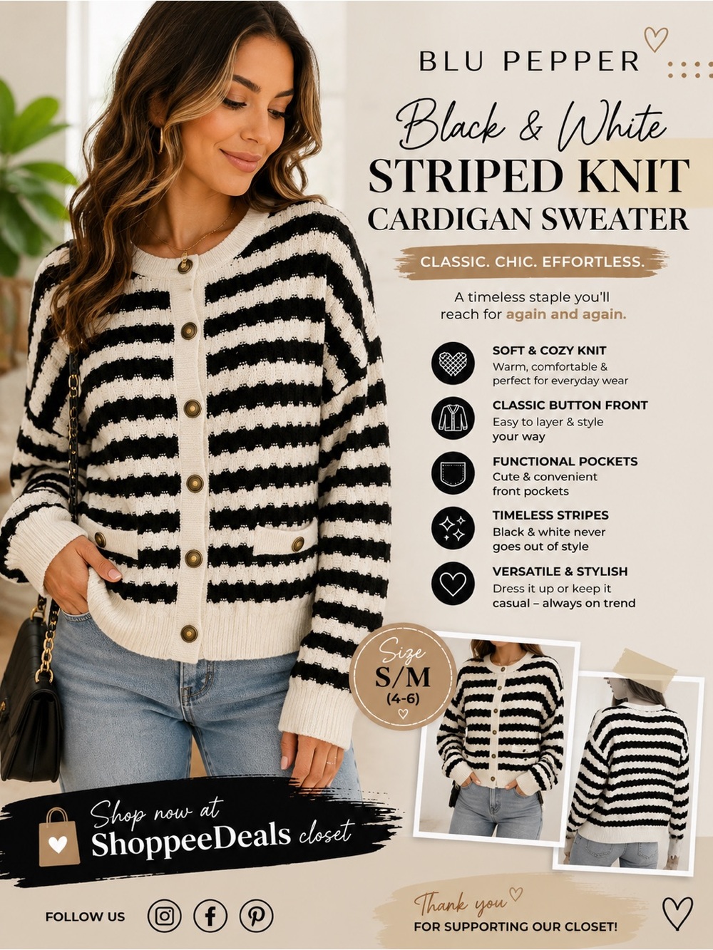 Blu Pepper Black & White Striped Knit Cardigan Sweater